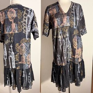 Vintage 90s midi dress hand painted double ruffle hem sz L V. C. Torias